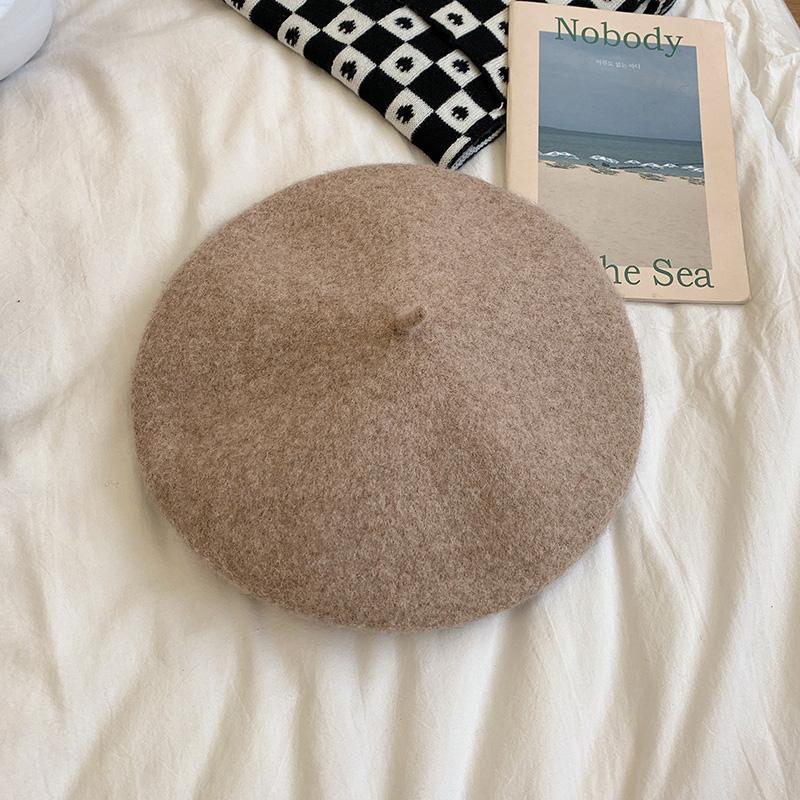 Womens Autumn/winter Korean Style Vintage Candy Color Woolen Beret Hat Self-designed Warm Stylish For Skullies Beanies Mocha color 