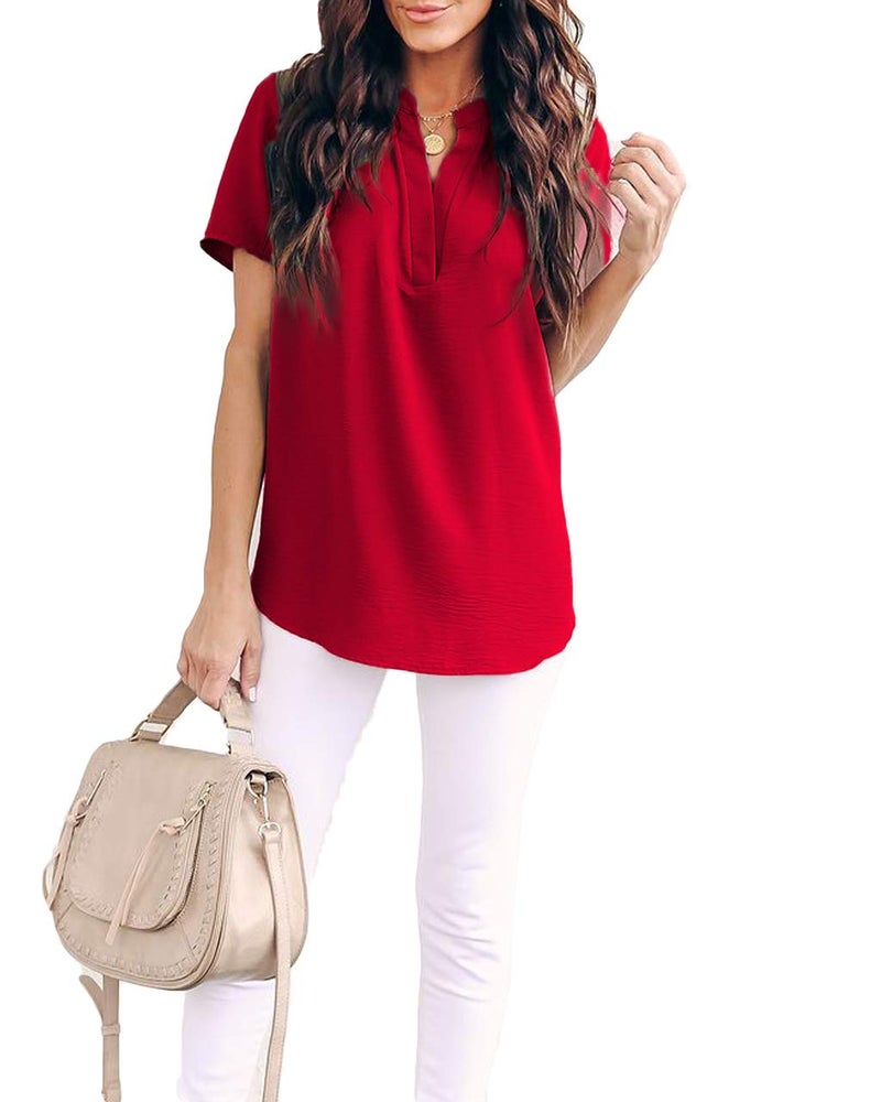 Allimy Women Summer Casual Short Sleeve V Neck Chiffon Blouses Fashion 2025 Tops Large Red - Image 2