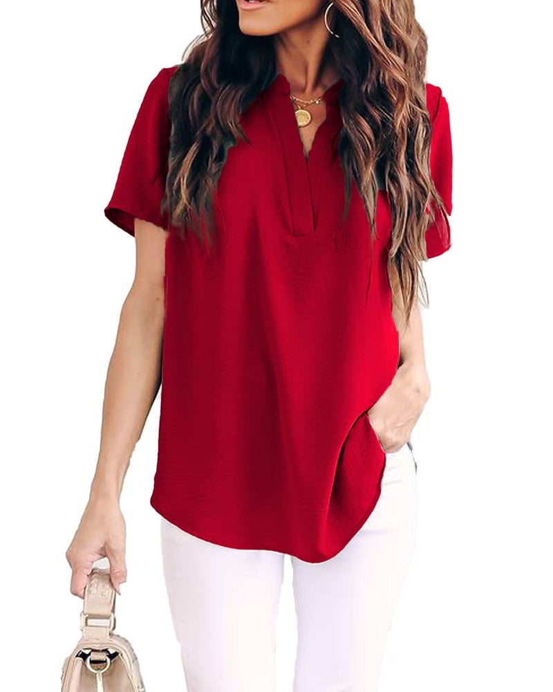 Allimy Women Summer Casual Short Sleeve V Neck Chiffon Blouses Fashion 2025 Tops Large Red - Image 3