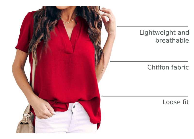 Allimy Women Summer Casual Short Sleeve V Neck Chiffon Blouses Fashion 2025 Tops Large Red - Image 4