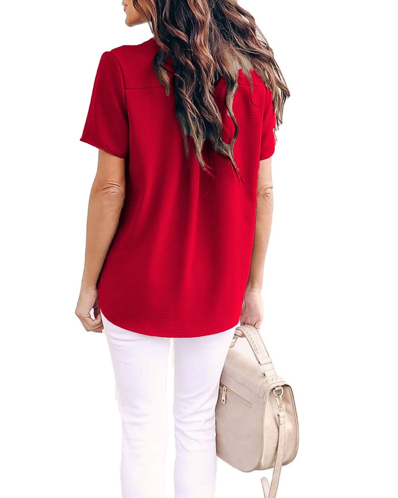 Allimy Women Summer Casual Short Sleeve V Neck Chiffon Blouses Fashion 2025 Tops Large Red - Image 5