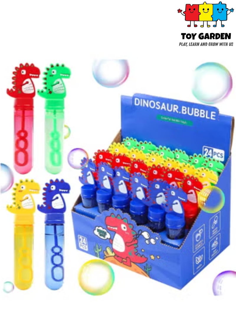 TOY GARDEN 24Pcs Dinosaur Bubble Wands,Bubble Wand Bulk for Kid,Dino Bubbles Party Favors for Boys Girls,Assortment Color Bubbles Wands for Dino Themed Birthday Gift Outdoors Activity with 8 Dinosaur Stickers - Image 1