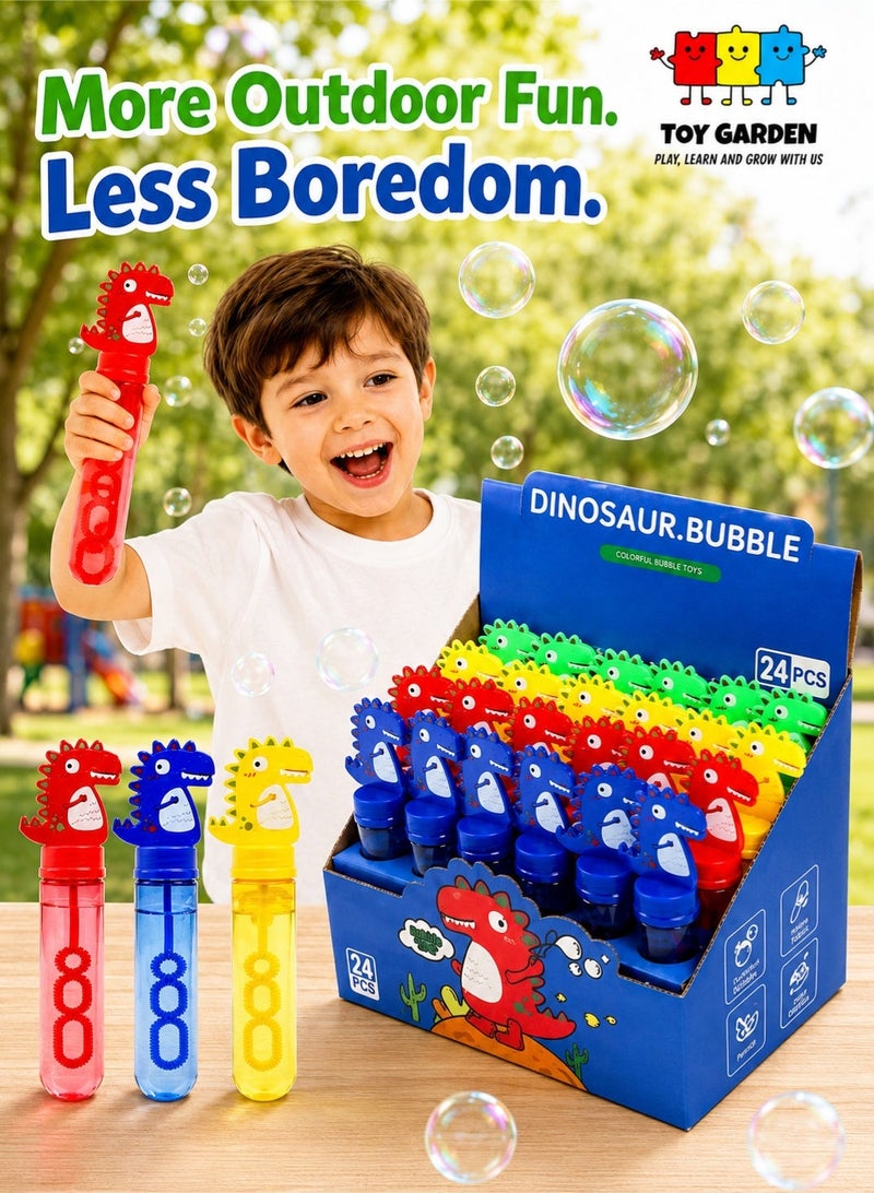 TOY GARDEN 24Pcs Dinosaur Bubble Wands,Bubble Wand Bulk for Kid,Dino Bubbles Party Favors for Boys Girls,Assortment Color Bubbles Wands for Dino Themed Birthday Gift Outdoors Activity with 8 Dinosaur Stickers - Image 1