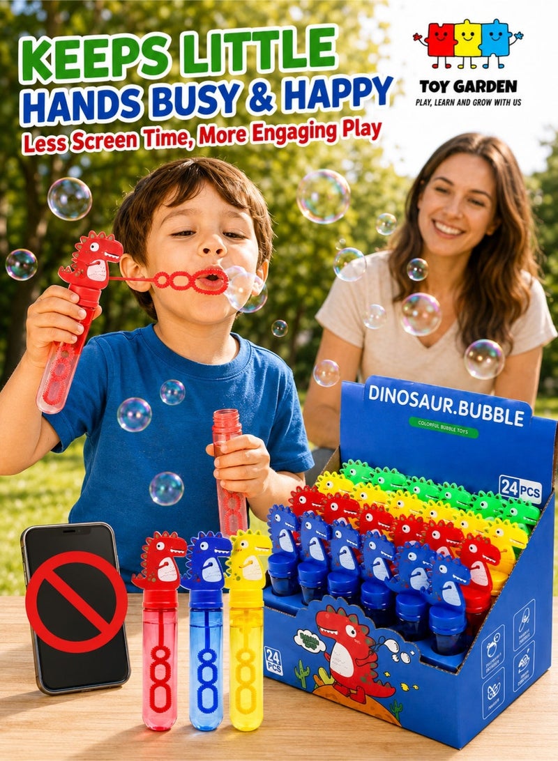 TOY GARDEN 24Pcs Dinosaur Bubble Wands,Bubble Wand Bulk for Kid,Dino Bubbles Party Favors for Boys Girls,Assortment Color Bubbles Wands for Dino Themed Birthday Gift Outdoors Activity with 8 Dinosaur Stickers - Image 2