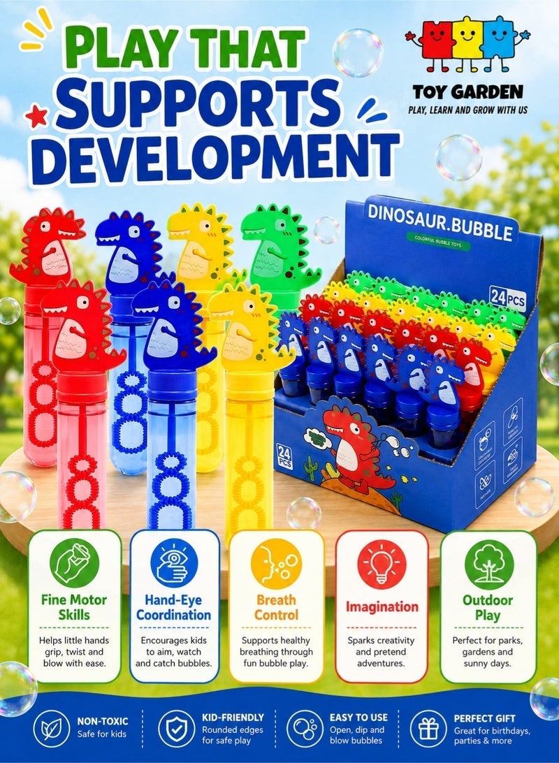TOY GARDEN 24Pcs Dinosaur Bubble Wands,Bubble Wand Bulk for Kid,Dino Bubbles Party Favors for Boys Girls,Assortment Color Bubbles Wands for Dino Themed Birthday Gift Outdoors Activity with 8 Dinosaur Stickers - Image 3