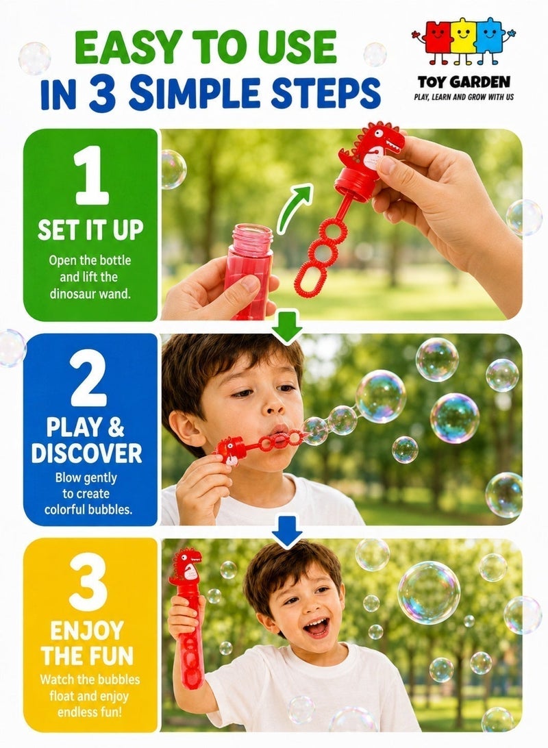TOY GARDEN 24Pcs Dinosaur Bubble Wands,Bubble Wand Bulk for Kid,Dino Bubbles Party Favors for Boys Girls,Assortment Color Bubbles Wands for Dino Themed Birthday Gift Outdoors Activity with 8 Dinosaur Stickers - Image 5