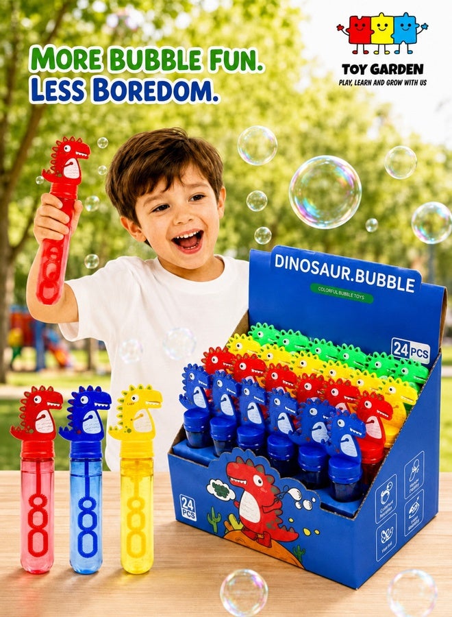 TOY GARDEN 24Pcs Dinosaur Bubble Wands,Bubble Wand Bulk for Kid,Dino Bubbles Party Favors for Boys Girls,Assortment Color Bubbles Wands for Dino Themed Birthday Gift Outdoors Activity with 8 Dinosaur Stickers - Image 1