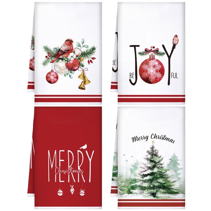 4 PCS CHRISTMAS KITCHEN TOWELS SET CHRISTMAS DECORATIVE TEA DISH TOWELS HOLIDAY DRYING CLOTH HAND TOWEL FOR XMAS BATHROOM1575 X 2362RED GREEN WHITEJOYFUL