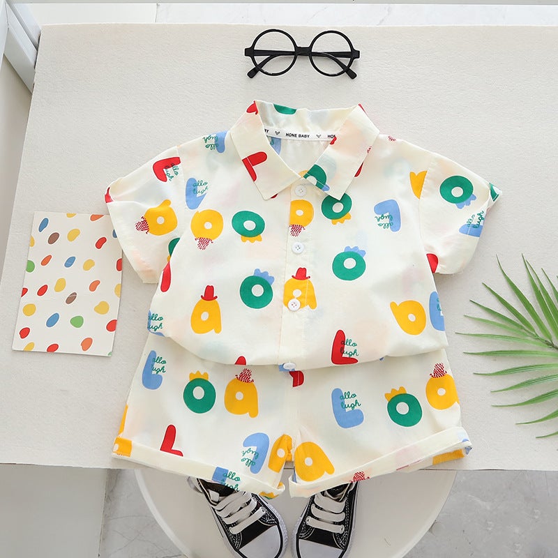 Free Shipping Yikids Boys Summer Clothes Korean Floral Shirt Short Sleeve suit Baby Childrens Clothing Summer Shirt Two-piece Set rice white-color letters