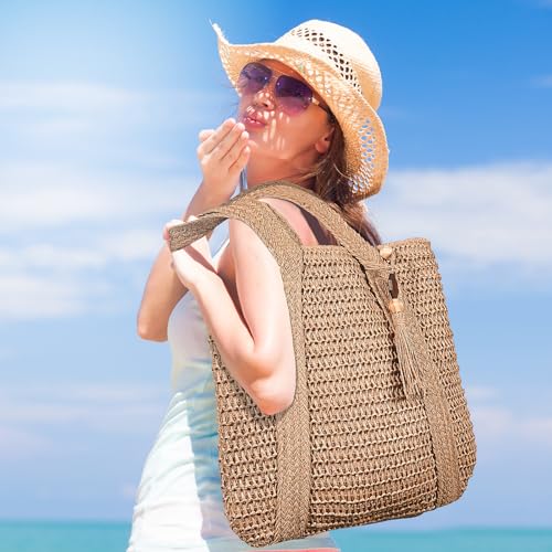 Pleneal Straw Beach Bags for Women - Women Beach Handmade Woven Tote Bag, Summer Mesh Hollow Shoulder Bag for Holiday Market - Image 2