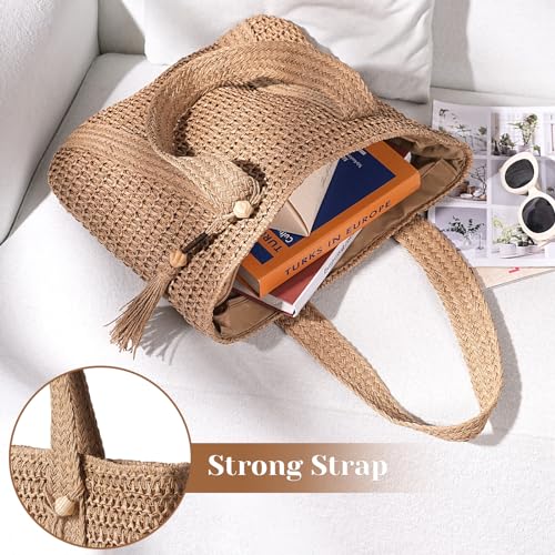 Pleneal Straw Beach Bags for Women - Women Beach Handmade Woven Tote Bag, Summer Mesh Hollow Shoulder Bag for Holiday Market - Image 4