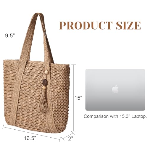 Pleneal Straw Beach Bags for Women - Women Beach Handmade Woven Tote Bag, Summer Mesh Hollow Shoulder Bag for Holiday Market - Image 3