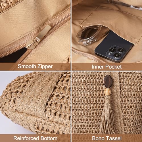 Pleneal Straw Beach Bags for Women - Women Beach Handmade Woven Tote Bag, Summer Mesh Hollow Shoulder Bag for Holiday Market - Image 5