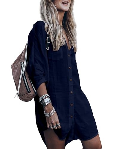 Zoye Chen Women’s Swimsuit Cover up,Silky Button Down Shirt Midi Dress Kimono,Summer Bathing Suit Beach Coverups for Women (CP-Aline) (Navy, Medium) - Image 1