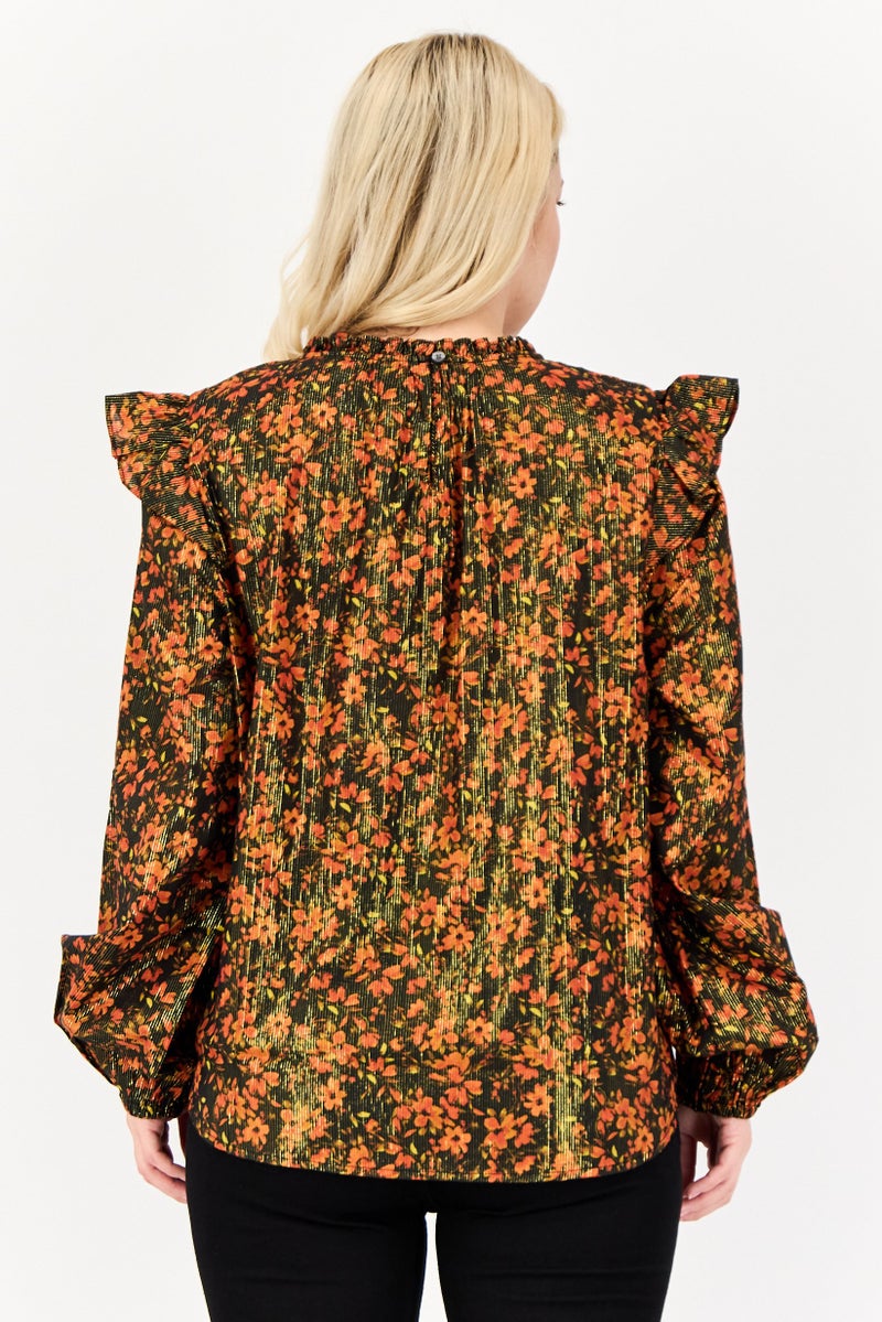 GAP Women Round Neck Long Sleeve Floral Print Blouse, Multicolor - Image 3