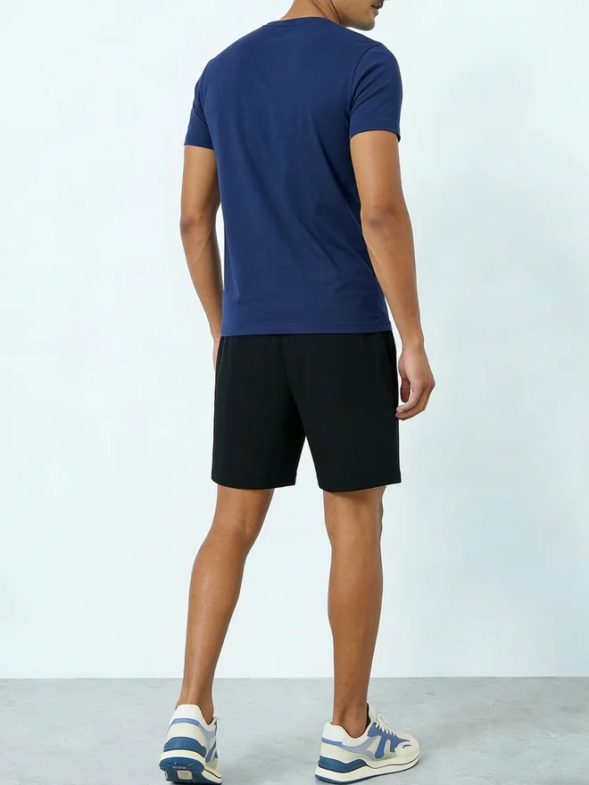 Take Two Men Navy Blue Solid Round Neck Tank and Shorts Co-Ords
