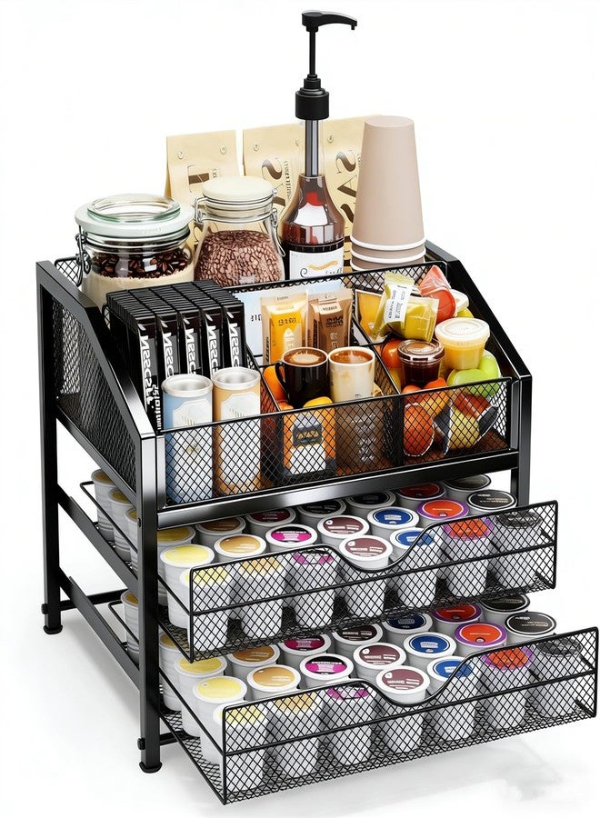 Kvittra Coffee Bar Organizer - 2-Tier K-Cup & Coffee Pod Holder Stand with Dividers - Storage for Coffee Pods, K Cups, Syrup Bottles, Mugs, Creamer, Stirrers, Sugar Packets, Tea Bags - Image 1