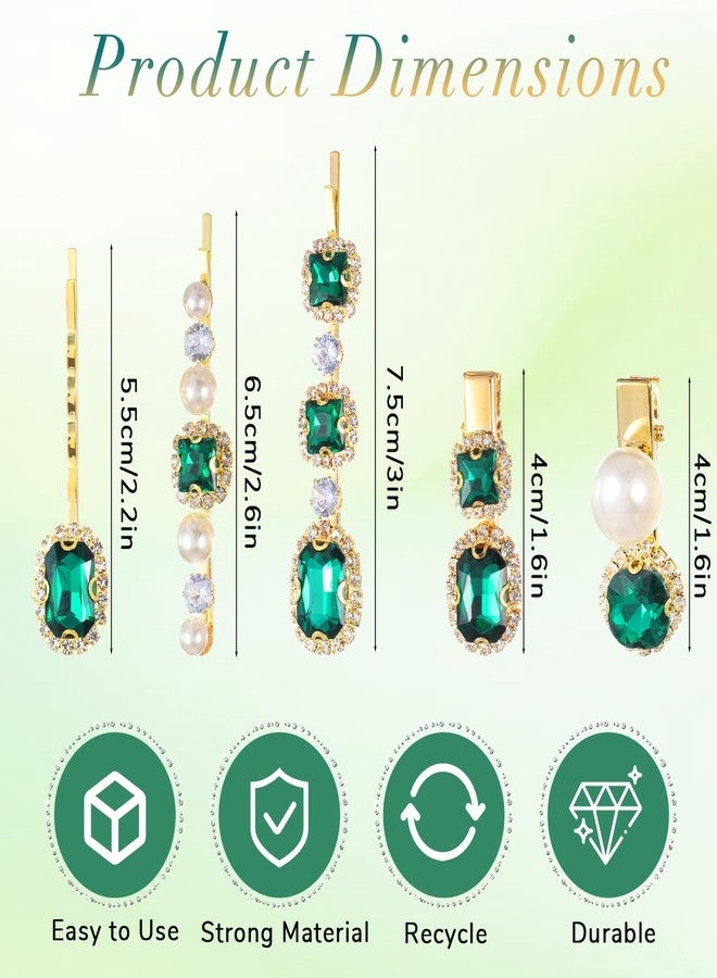 Tucnoeu 5PCS Vintage Green Crystal Pearl Gold Hair Accessories, Elegant Decorative Clips for Women, 1920s Style Hairpins for Weddings - Image 2