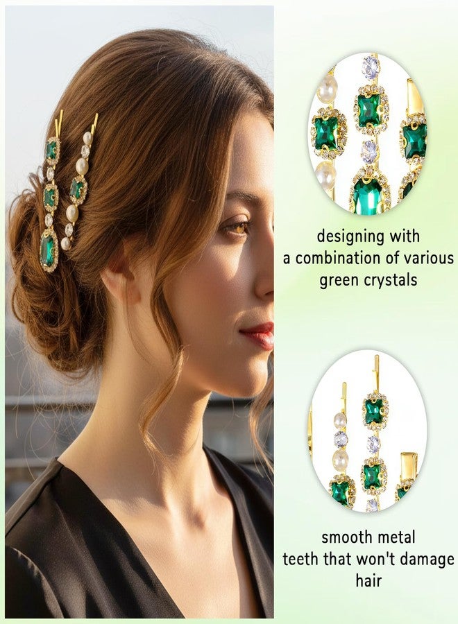 Tucnoeu 5PCS Vintage Green Crystal Pearl Gold Hair Accessories, Elegant Decorative Clips for Women, 1920s Style Hairpins for Weddings - Image 3