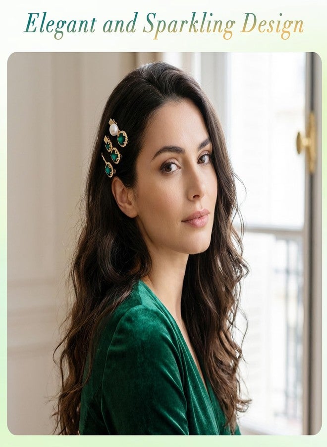 Tucnoeu 5PCS Vintage Green Crystal Pearl Gold Hair Accessories, Elegant Decorative Clips for Women, 1920s Style Hairpins for Weddings - Image 5