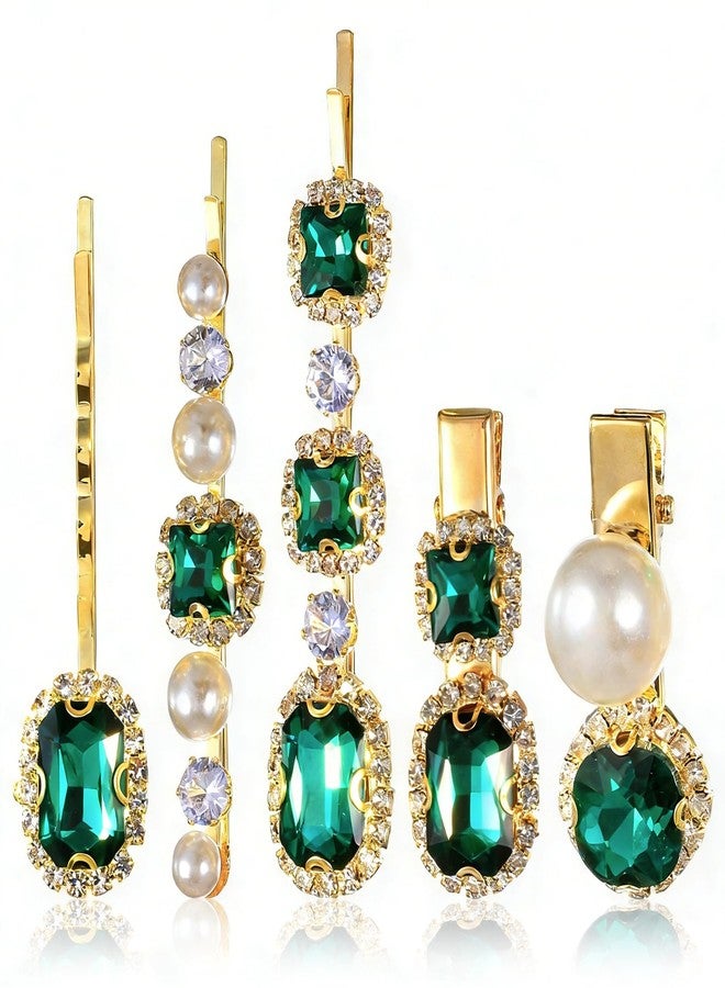 Tucnoeu 5PCS Vintage Green Crystal Pearl Gold Hair Accessories, Elegant Decorative Clips for Women, 1920s Style Hairpins for Weddings - Image 1