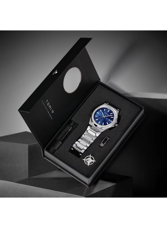 TOMI Luxury Business Men's Watch Gift Box Set High Quality Silver Case Simple and Versatile Quartz Watch Relogio Masculino - Image 4