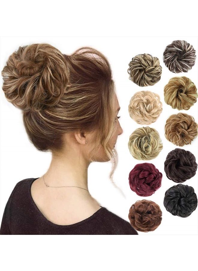 MORICA 1PCS Messy Hair Bun Hair Scrunchies Extension Curly Wavy Messy Synthetic Chignon for women Updo Hairpiece (Light Golden Brown & Pale Golden Blonde) - Image 1