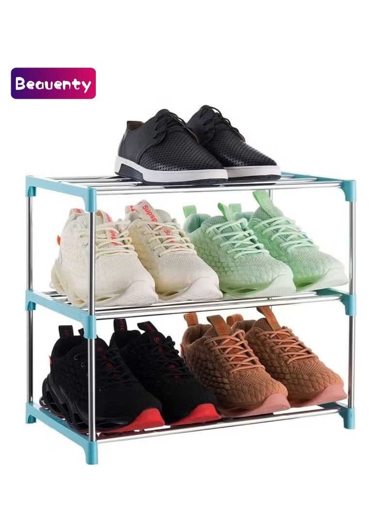 Beauenty Shoe Rack Free Standing Shoe Rack Simple Stainless Steel Shoe Rack Stackable and Adjustable Shoe Storage Organizer,Suit for Entryways, Hallways and Closets (3-Tier, Blue) - Image 1