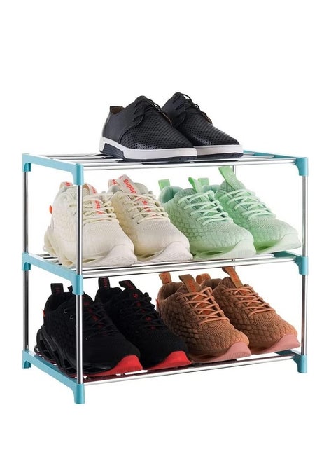 Shoe Rack Free Standing Shoe Rack Simple Stainless Steel Shoe Rack Stackable and Adjustable Shoe Storage Organizer,Suit for Entryways, Hallways and Closets (3-Tier, Blue)