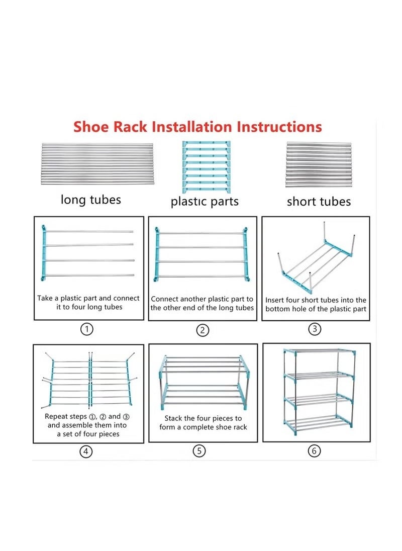 Beauenty - Shoe Rack Free Standing Shoe Rack Simple Stainless Steel Shoe Rack Stackable and Adjustable Shoe Storage Organizer,Suit for Entryways, Hallways and Closets (3-Tier, Blue) - Image 1
