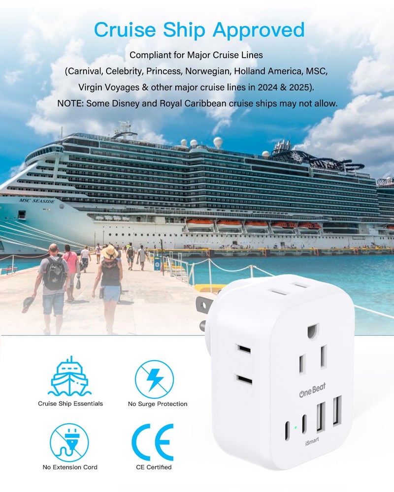 One Beat Travel Cruise Ship Essentials, Multi Plug Wall Outlet Extender with 4 Outlets 4 USB (2 USB-C), Cruise Approved Power Strip Non Surge Protector, Plug Adapter, Travel Cruise Must Have Accessories - Image 5