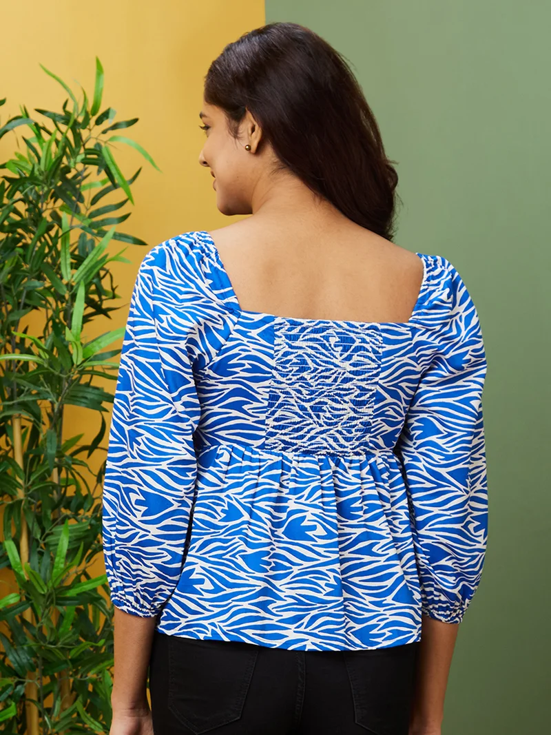 globus Women Blue Abstract Printed Square Neck Puff Sleeve Gathered Pure Cotton Top