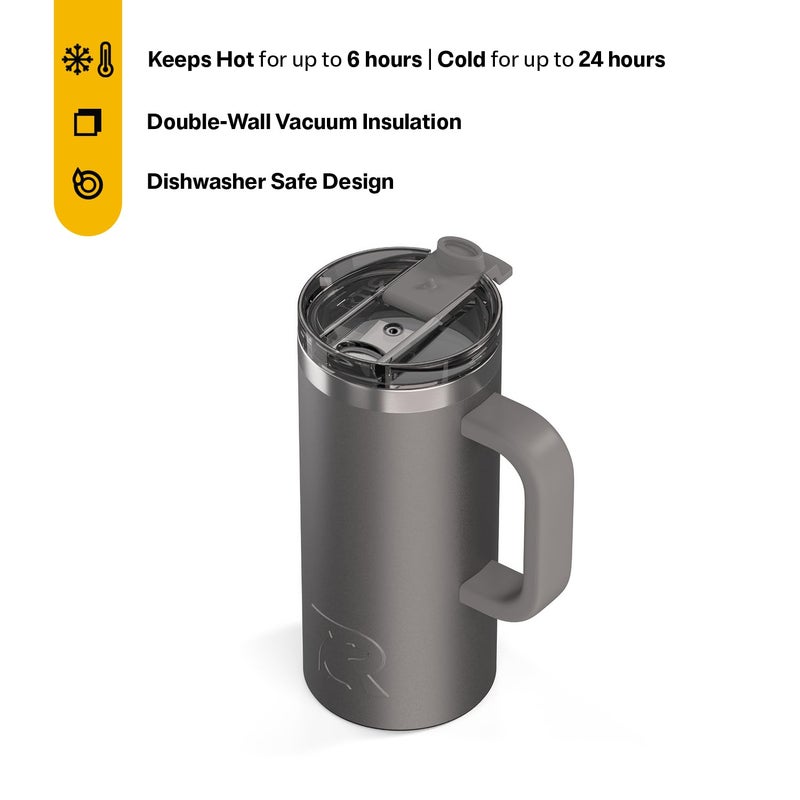 RTIC 16oz Road Trip Travel Mug with Lid and Handle, Ceramic Lined, Insulated, Stainless Steel, Metal, Double Wall Vacuum-Insulation, Portable Coffee, Tea Cup for Hot and Cold Drink, Graphite - Image 2