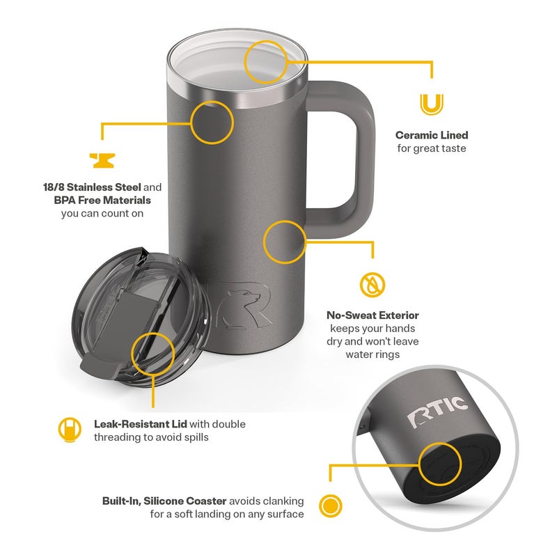 RTIC 16oz Road Trip Travel Mug with Lid and Handle, Ceramic Lined, Insulated, Stainless Steel, Metal, Double Wall Vacuum-Insulation, Portable Coffee, Tea Cup for Hot and Cold Drink, Graphite - Image 3