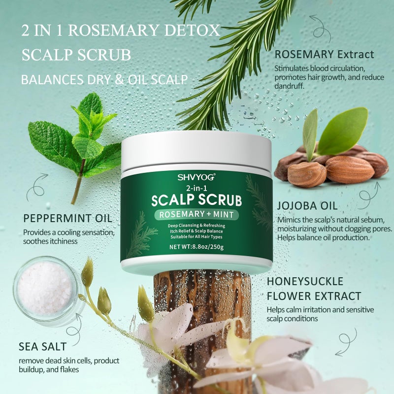 SHVYOG Scalp Scrub, Rosemary Exfoliator Scrub with Peppermint & Sea Salt, Anti-Dandruff Detox Clarifying Exfoliator Shampoo for Deep Scalp Cleanse with Scalp Massager - Image 2