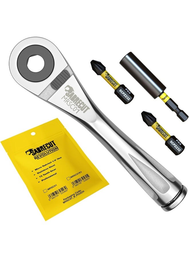 Sabrecut 4 Piece  Mrsc01K1 Mini Micro Ratchet 1/4" Hex Stainless Steel Professional 72 Tooth Gear Hand Ratchet Wrench With 1 7/64" Ph2 Pz2 Screwdriver Bits And A Magnetic 2 23/65" Impact Bit Holder  - Image 2
