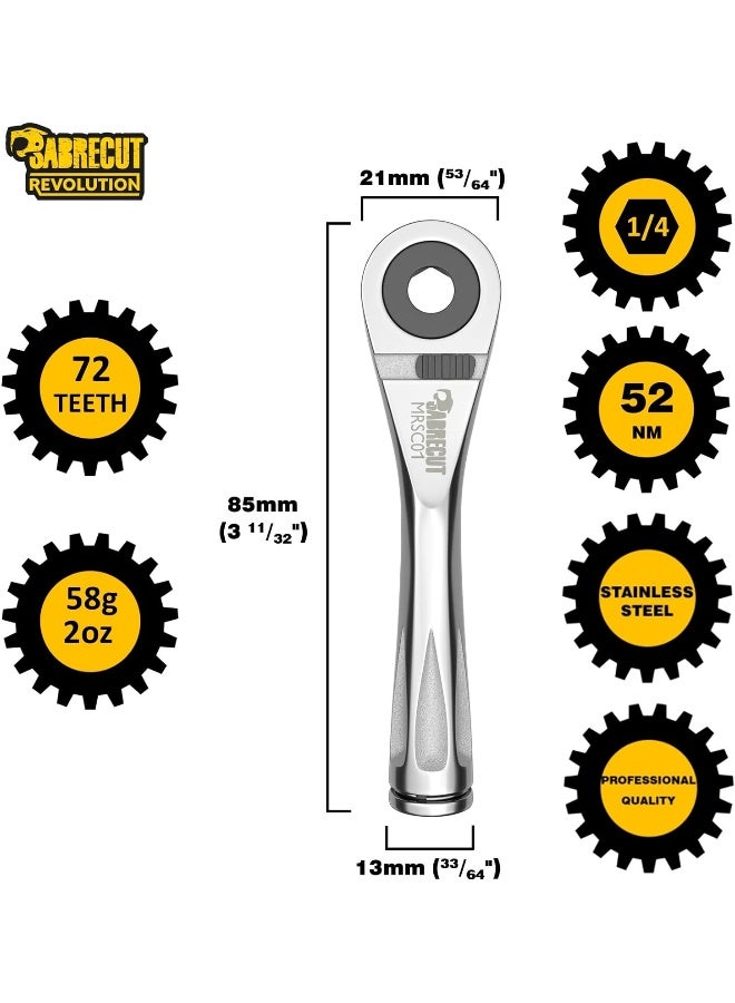 Sabrecut 4 Piece  Mrsc01K1 Mini Micro Ratchet 1/4" Hex Stainless Steel Professional 72 Tooth Gear Hand Ratchet Wrench With 1 7/64" Ph2 Pz2 Screwdriver Bits And A Magnetic 2 23/65" Impact Bit Holder  - Image 3