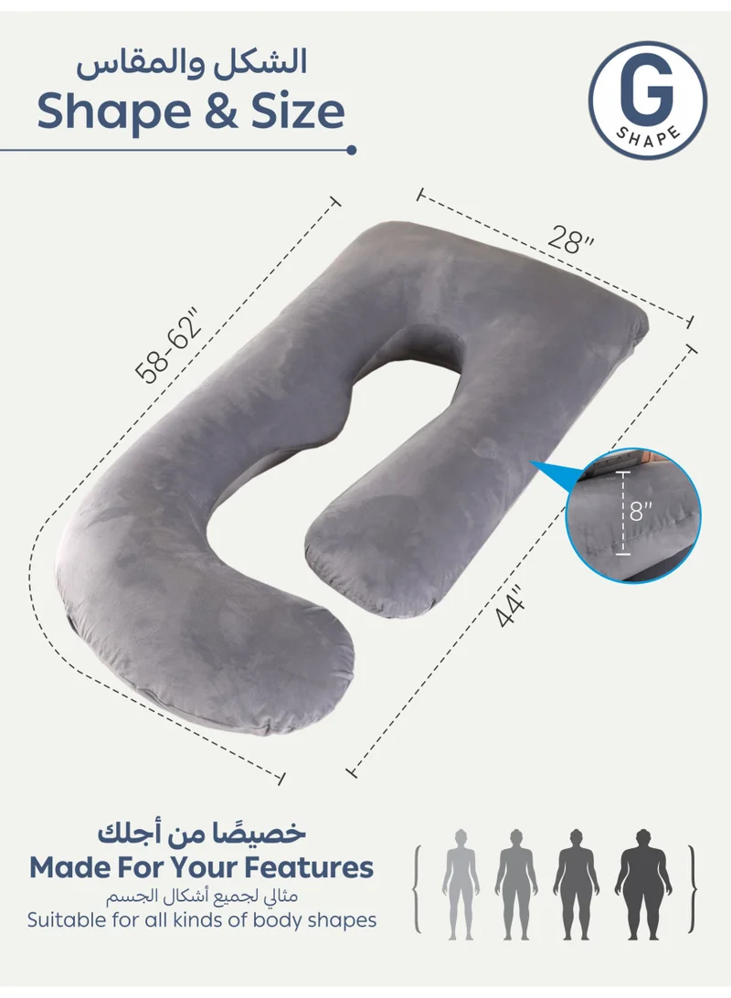 Donetella G-Shape Pregnancy Pillow – 180 cm Full Body Maternity Support Pillow with Removable Washable Velvet Cover – Support for Back, Legs, Belly & Hips – Silver