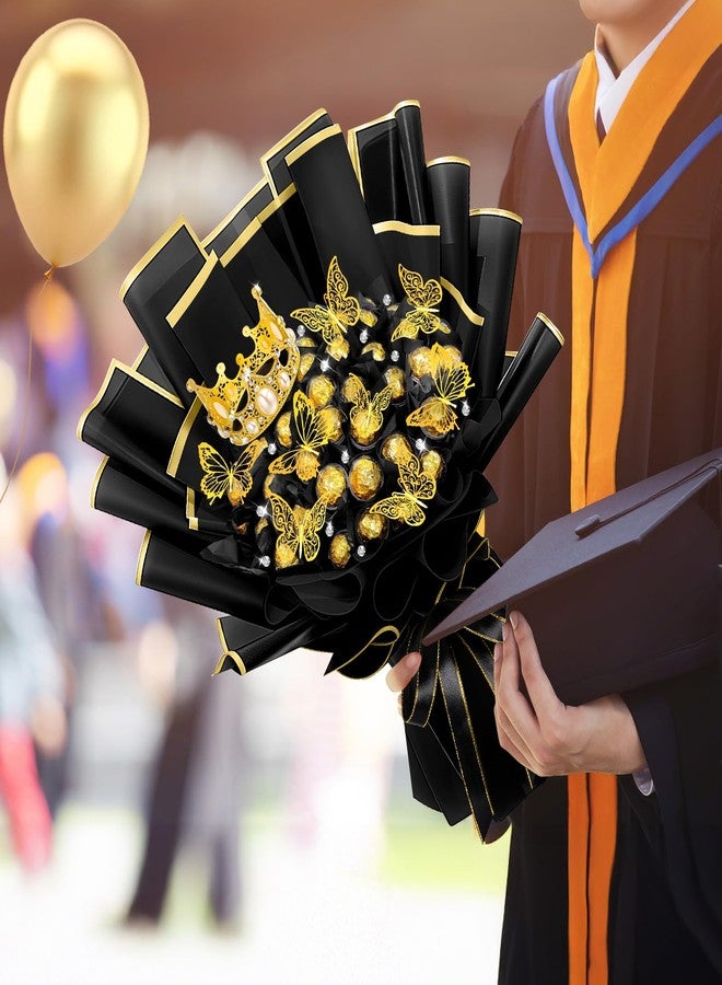 Funnymoom 109 Graduation DIY Chocolate Flower Bouquet Kit 2026 Candy Rose Clear Acrylic Lollipop Ball Holder Floral Wrapping Paper 3D Gold Butterfly Crown Ribbon Grad Gift(Black and Gold) - Image 4
