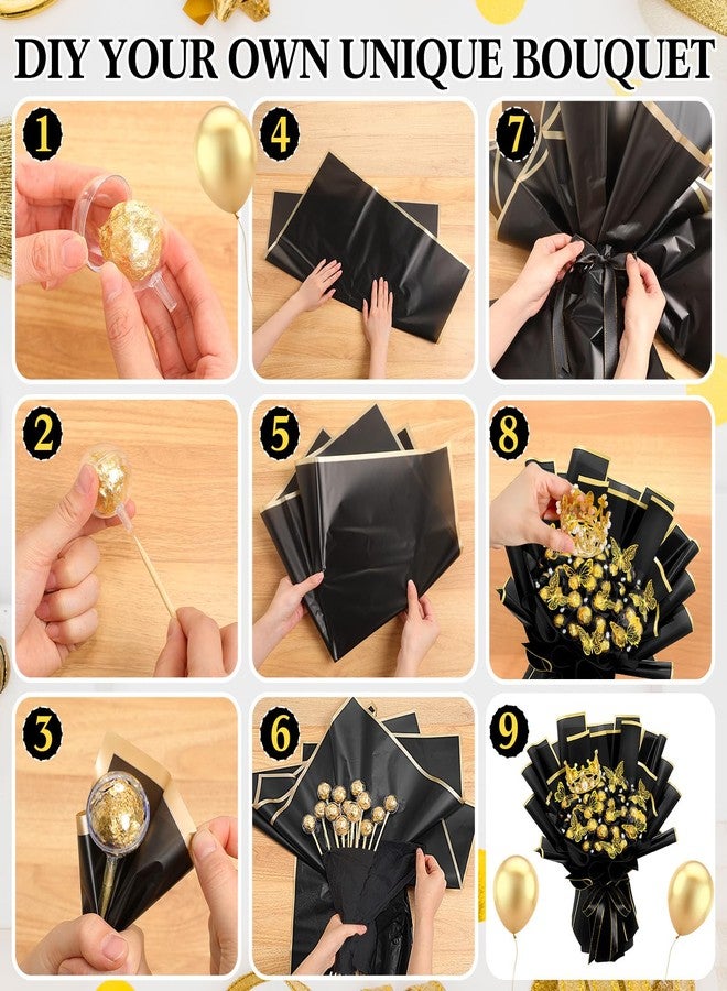 Funnymoom 109 Graduation DIY Chocolate Flower Bouquet Kit 2026 Candy Rose Clear Acrylic Lollipop Ball Holder Floral Wrapping Paper 3D Gold Butterfly Crown Ribbon Grad Gift(Black and Gold) - Image 3