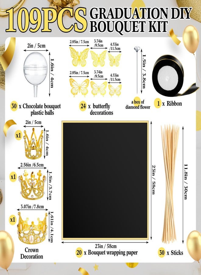 Funnymoom 109 Graduation DIY Chocolate Flower Bouquet Kit 2026 Candy Rose Clear Acrylic Lollipop Ball Holder Floral Wrapping Paper 3D Gold Butterfly Crown Ribbon Grad Gift(Black and Gold) - Image 2
