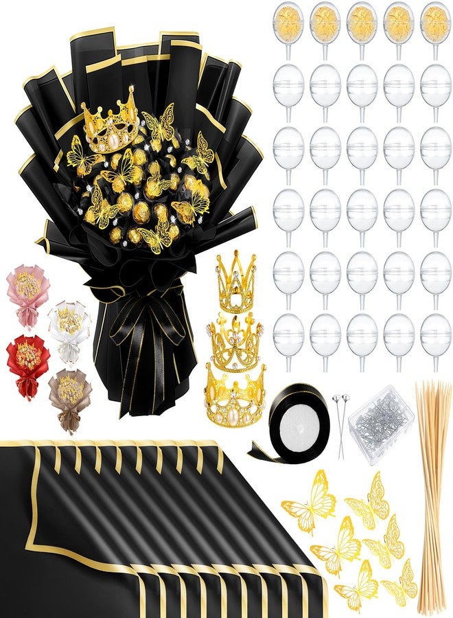 Funnymoom 109 Graduation DIY Chocolate Flower Bouquet Kit 2026 Candy Rose Clear Acrylic Lollipop Ball Holder Floral Wrapping Paper 3D Gold Butterfly Crown Ribbon Grad Gift(Black and Gold) - Image 1