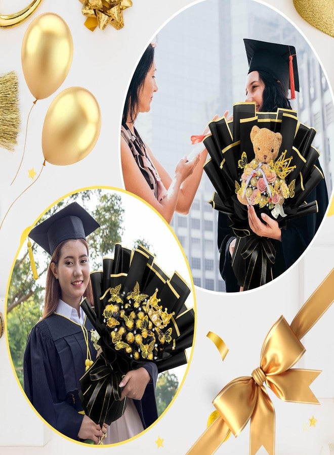Funnymoom 109 Graduation DIY Chocolate Flower Bouquet Kit 2026 Candy Rose Clear Acrylic Lollipop Ball Holder Floral Wrapping Paper 3D Gold Butterfly Crown Ribbon Grad Gift(Black and Gold) - Image 5