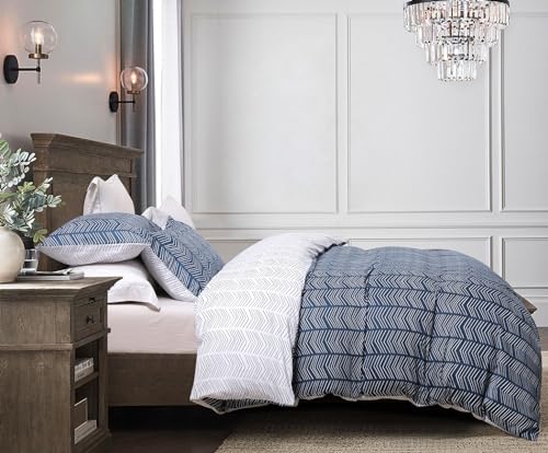 SLEEPBELLA Navy and White Duvet Cover Set 100 Cotton Bedding Chevron Geometric Pattern with Button Closure 3pcs Queen Size - Image 3
