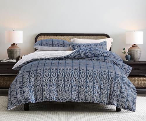 SLEEPBELLA Navy and White Duvet Cover Set 100 Cotton Bedding Chevron Geometric Pattern with Button Closure 3pcs Queen Size - Image 1