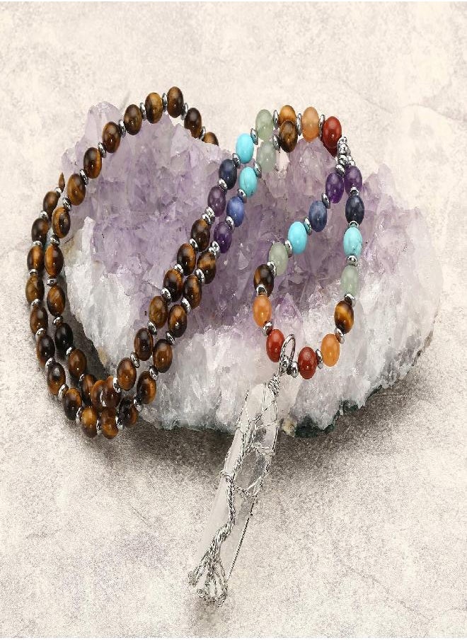 Jovivi Jovivi Natural Tiger Eye 7 Chakras Healing Crystals Necklace Wire Wrapped Clear Quartz Tree of Life Pendant Healing Pointed Reiki Energy Balancing  - Image 2