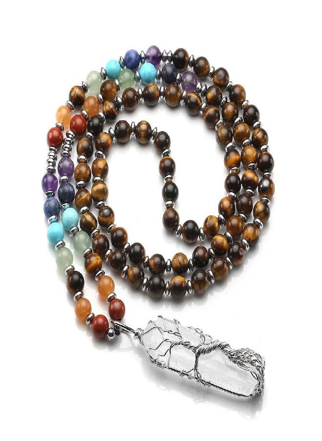 Jovivi Jovivi Natural Tiger Eye 7 Chakras Healing Crystals Necklace Wire Wrapped Clear Quartz Tree of Life Pendant Healing Pointed Reiki Energy Balancing  - Image 4