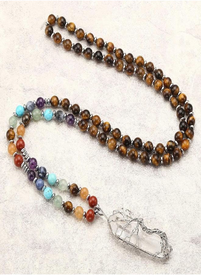 Jovivi Jovivi Natural Tiger Eye 7 Chakras Healing Crystals Necklace Wire Wrapped Clear Quartz Tree of Life Pendant Healing Pointed Reiki Energy Balancing  - Image 3