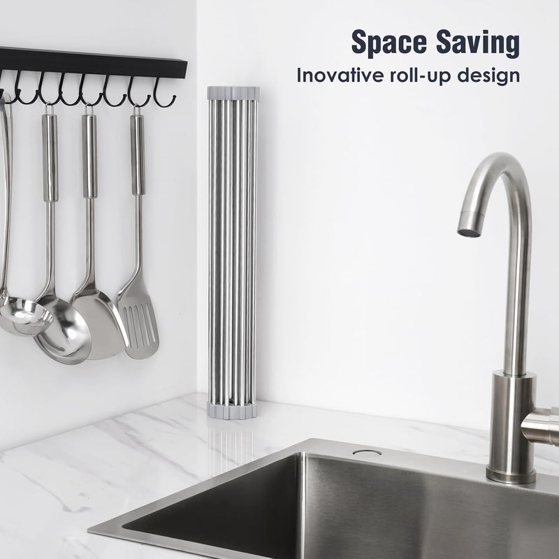Tomorotec 17.7" x 15.5" Large Dish Drying Rack - Tomorotec Roll Up Stainless Steel Over Sink Kitchen Drainer Rack - Image 4