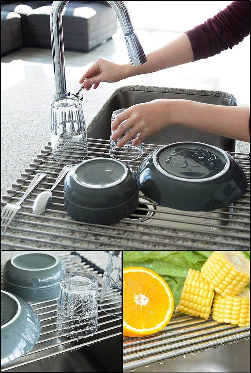 Tomorotec 17.7" x 15.5" Large Dish Drying Rack - Tomorotec Roll Up Stainless Steel Over Sink Kitchen Drainer Rack - Image 3